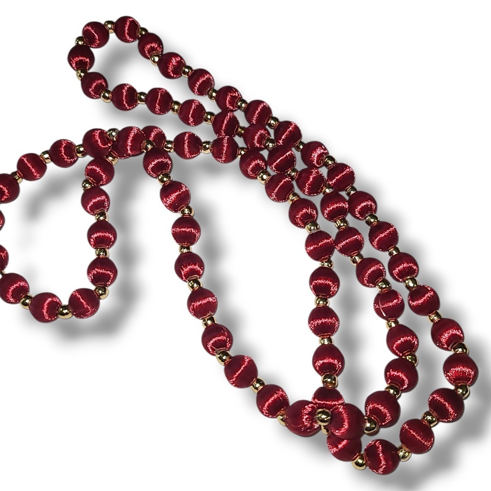 Vintage Burgundy Maroon Dark Red Satin Thread Ball Bead Necklace 28"